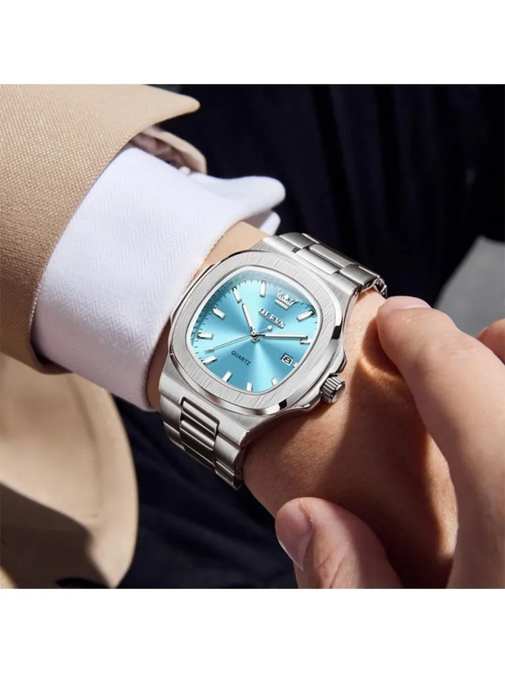 Men's Silver/Tiffany Blue Luxury Octagon Stainless Steel Waterproof Dress Watch